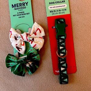 Merry Makings Tree Print Dog Collar (XS) and Hair Bow Set